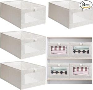 a collage of several white storage boxes