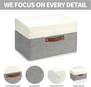 a grey and white fabric box with brown handles